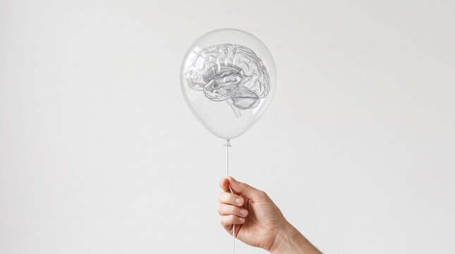 Conceptual image of a human brain floating inside a transparent balloon held by a hand, representing ideas, creativity, and mental wellness