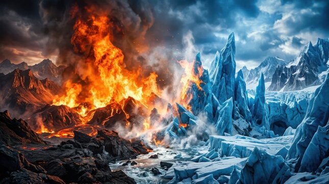 Fire and ice landscape collision. Dramatic clash of burning flames and frozen glaciers.