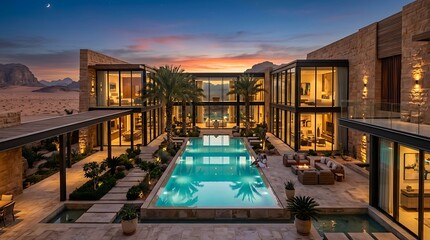 Fototapeta premium Luxury desert villa with swimming pool at sunset in wadi rum, jordan