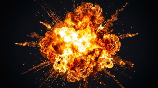 Large fiery explosion on black background. Intense fire blast with bright orange sparks.