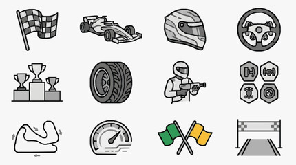 Obraz premium Sleek Monochromatic Racing Icons Set Checkered Flag Race Car Helmets Trophies Tires Pit Crew Speedometer Track and Flags