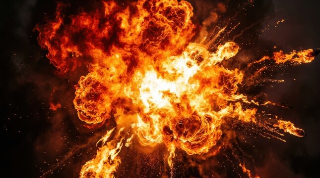 Large fiery explosion with bright flames. Intense blast of fire and sparks on black background.