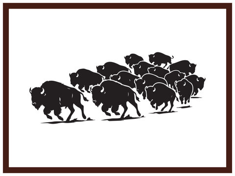 Wild American Bison Herd Running Across Prairie Black Graphic Art