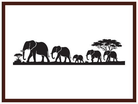 African Elephant Herd Walking Through Savanna Black Graphic Art