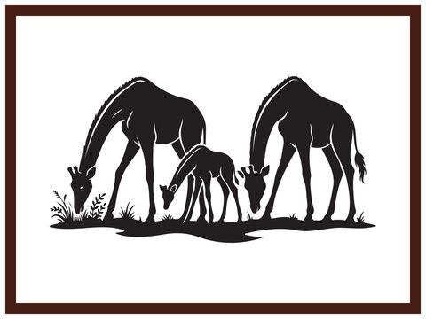 African Giraffe Family Grazing In Savanna Black Graphic Art