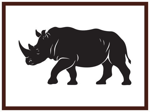 African Rhinoceros Walking Side Profile Black Linocut Graphic Art
