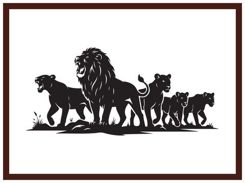 African Lion Pride Group Silhouette Vector Illustration Isolated Icon