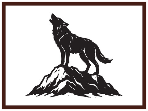 Howling Wolf Standing on Rock Mountain Peak Black Silhouette Vector