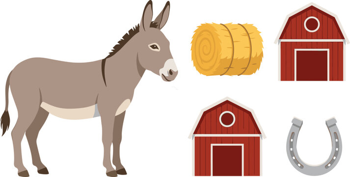Domestic farm donkey animal vector illustration set with side view burro standing near round hay bale red wooden barns and classic metal horseshoe isolated on white background