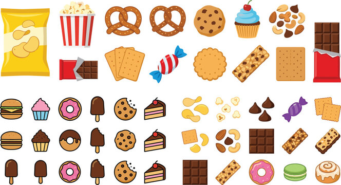 Delicious snack and sweet dessert food icon set with potato chips popcorn cookies donuts chocolate