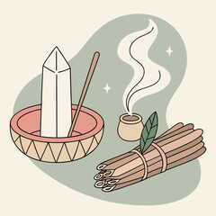 Incense sticks and holder with smoke illustration aromatherapy relaxation spiritual meditation ceremony fragrance illustration essential wellness serenity tranquility mindfulness
