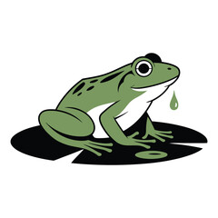 Obraz premium Green frog sitting on a black lily pad with a single water droplet falling from its mouth toad