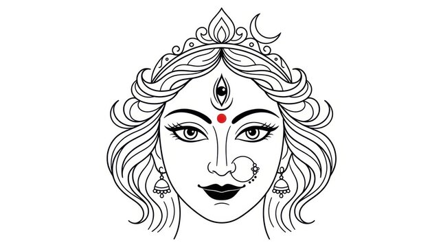 Goddess Durga line art illustration. Traditional Indian deity face portrait drawing.