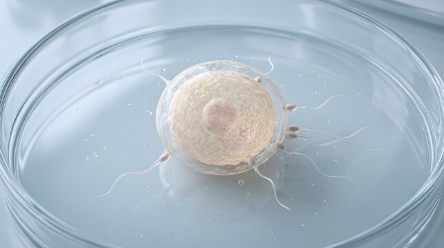 Human egg cell and sperm cells in petri dish. Fertilization process in a laboratory.