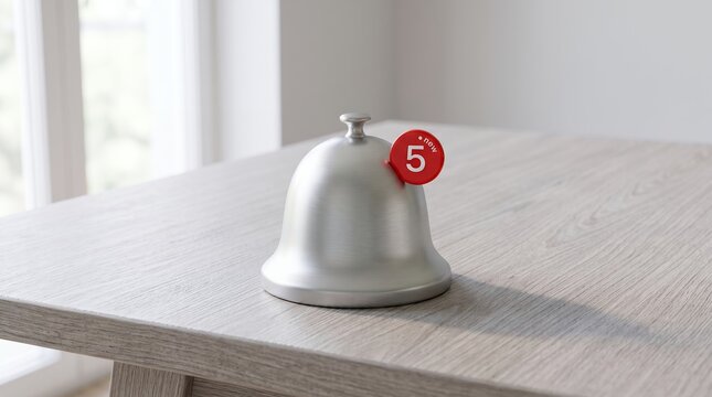 Silver Service Bell with Notification Badge on Table.