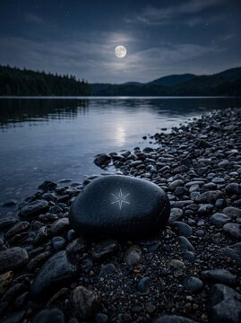 Serene Moonlit Lake Shore with Rocky Beach and Forested Hills.
