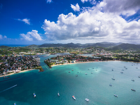 Caribbean, St. Lucia, Rodney Bay, Cap Estate, aerial photo of Reduit Beach