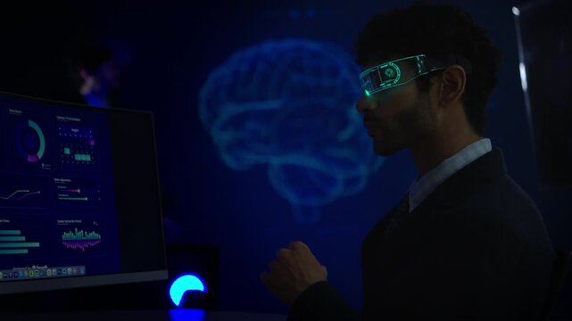 Business executive wearing smart glasses analyzing digital dashboards and business intelligence metrics in a modern office, demonstrating AI powered analytics and data driven decision making