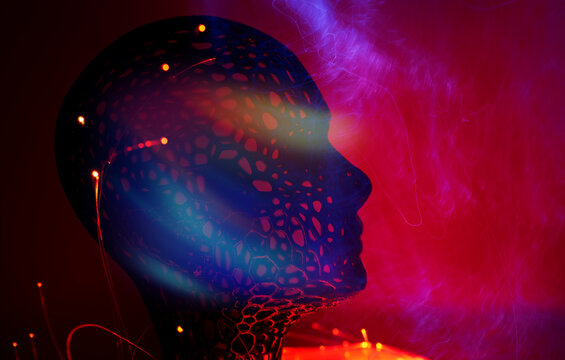 Futuristic glowing robot head in neon cyberspace