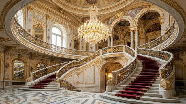 Grand palace staircase with golden railings. Luxury mansion interior with crystal chandelier.