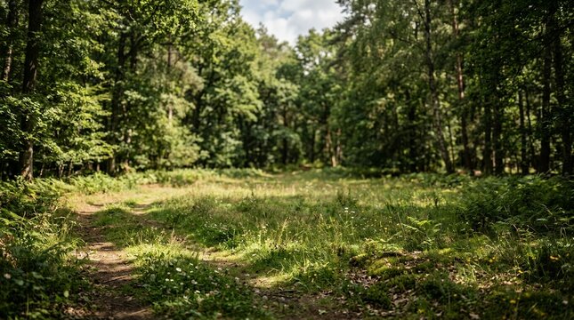 Sunlit forest path with green grass and tall trees.