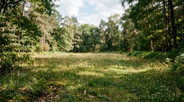 Sunlit forest clearing with tall green trees and wild grasses.