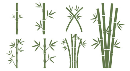 Naklejka premium Vector set of green bamboo stems, branches, and leaves configurations isolated on white background.