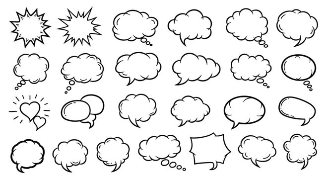 Set of blank comic book speech bubbles, thought clouds, and scream bursts hand-drawn on white background.
