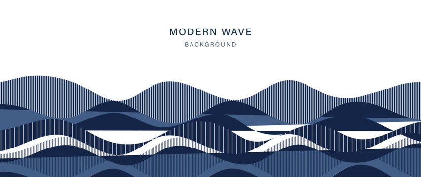 Modern wave background vector. Abstract layered navy blue curves with vertical striped line texture and geometric flowing shapes. Minimal design for banner, poster, cover and wallpaper.