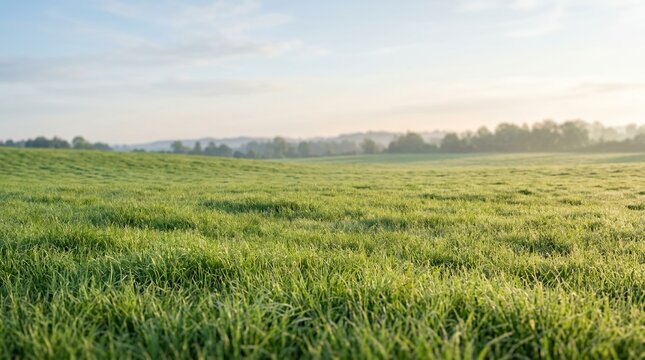 Vast green field under a bright sky with distant trees.