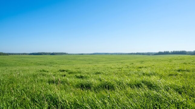 Vast green field under a clear blue sky.