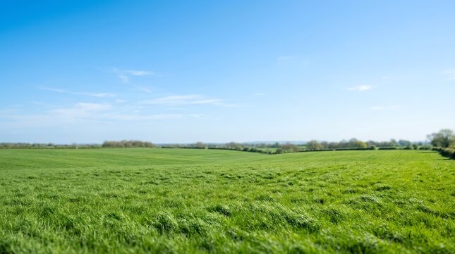 Vast green grassy field under a clear blue sky with gentle wind.