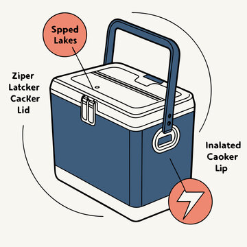 Illustration of a cooler box with labeled parts including spped lakes ziper latcker cacker lid inalated caoker lip sped lakes cooler diagram cooler components cooler handle