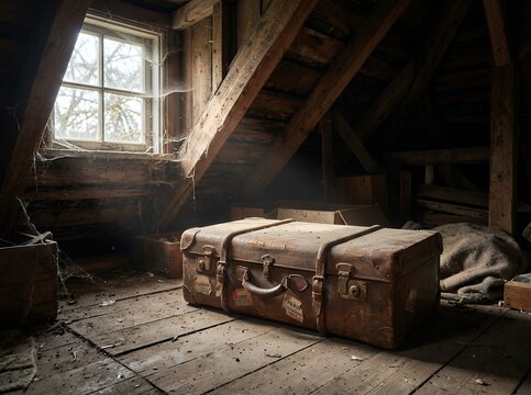 Vintage suitcase in dusty attic with sunlight streaming through window.