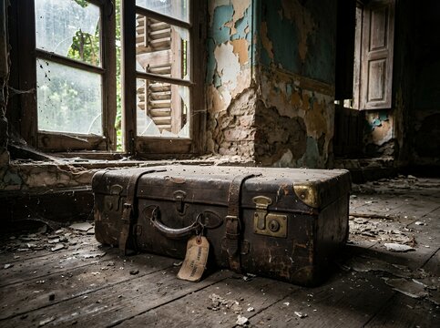 Vintage suitcase sits abandoned in a derelict room with broken windows.