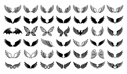 Wing shapes vector collection with decorative feather wings and flying silhouette icons isolated on white background © Liton