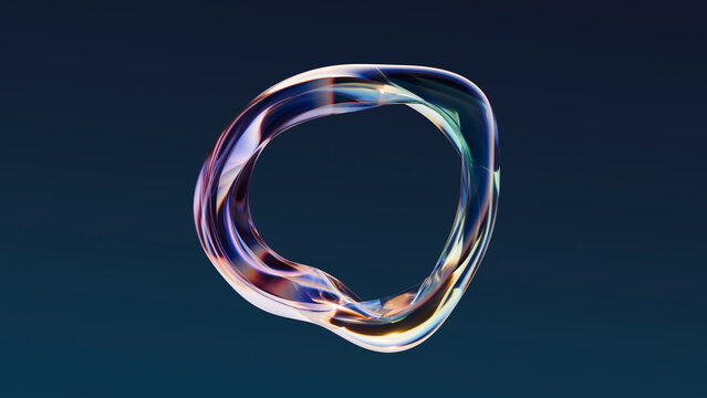 Abstract iridescent 3d glass shape on dark blue background