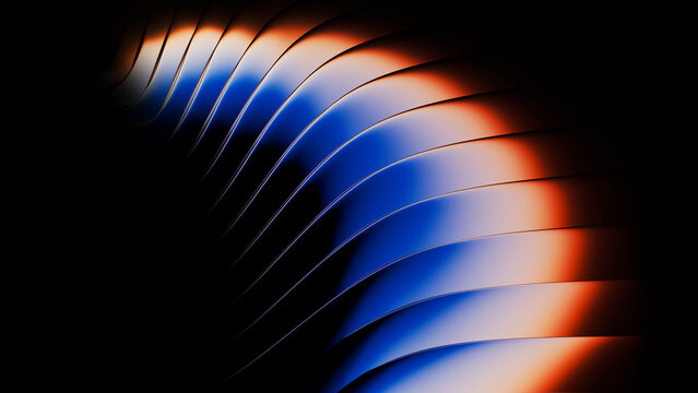 Abstract 3D rendering of curved chrome with blue and orange light
