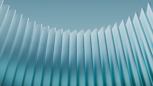 A blue 3D rendering features a sweeping angular structure