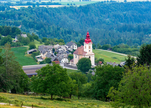 Slovenia, view of Church of Saint George in Zasip during hiking.