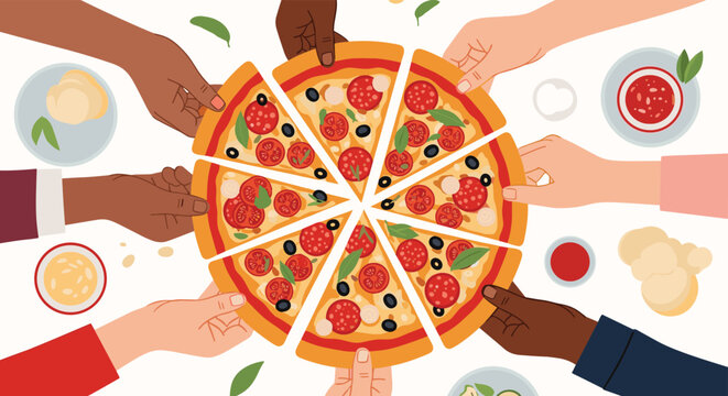 Diverse hands of different skin tones taking slices of delicious pepperoni pizza from above on white background.