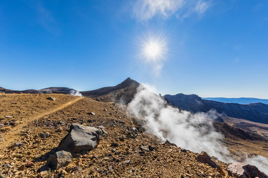 New Zealand, Oceania, North Island, Tongariro National Park, North Island Volcanic Plateau, Tongariro Alpine Crossing Trail, Volcanic landscape with fumaroles