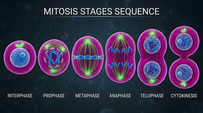 Mitosis cell division stages sequence. Biological process of eukaryotic cell reproduction.