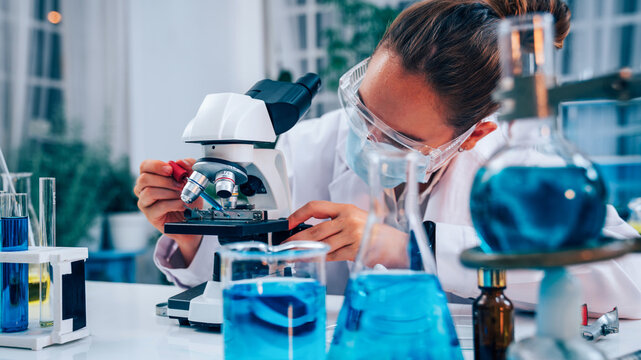 Scientist or researchers working in science laboratory, medical technology research work, science laboratory research and development concept.
