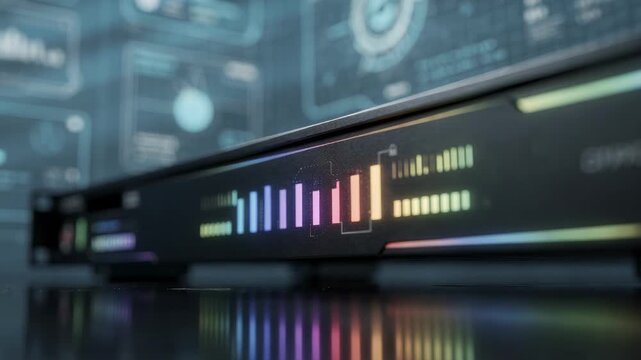 Closeup medium shot of cloudbased transcoding console displaying progress bars foreground unit in sharp focus with soft background of digital interface elements.