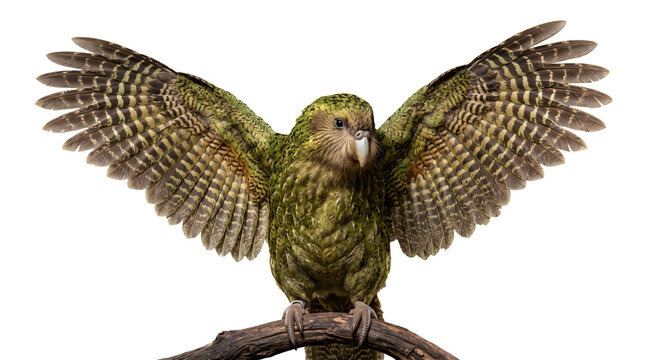 Kakapo gently spreading its wings to reveal detailed feather structure, isolated on transparent background