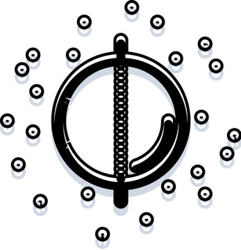 Phi symbol reimagined as minimalist geometric artwork, central circle with vertical textured stroke, sweeping arc and scattered concentric rings in stark black and white