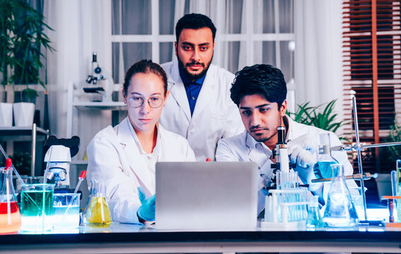 Scientist or researchers working in science laboratory, medical technology research work, science laboratory research and development concept.