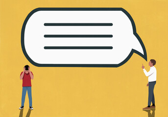 Large speech bubble looming above and between father talking to frustrated son with head in hands
