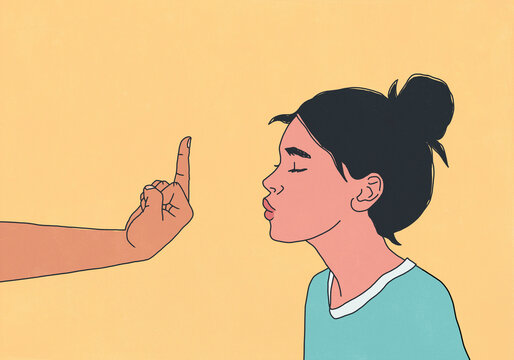 Woman with eyes closed ignoring hand flipping her off